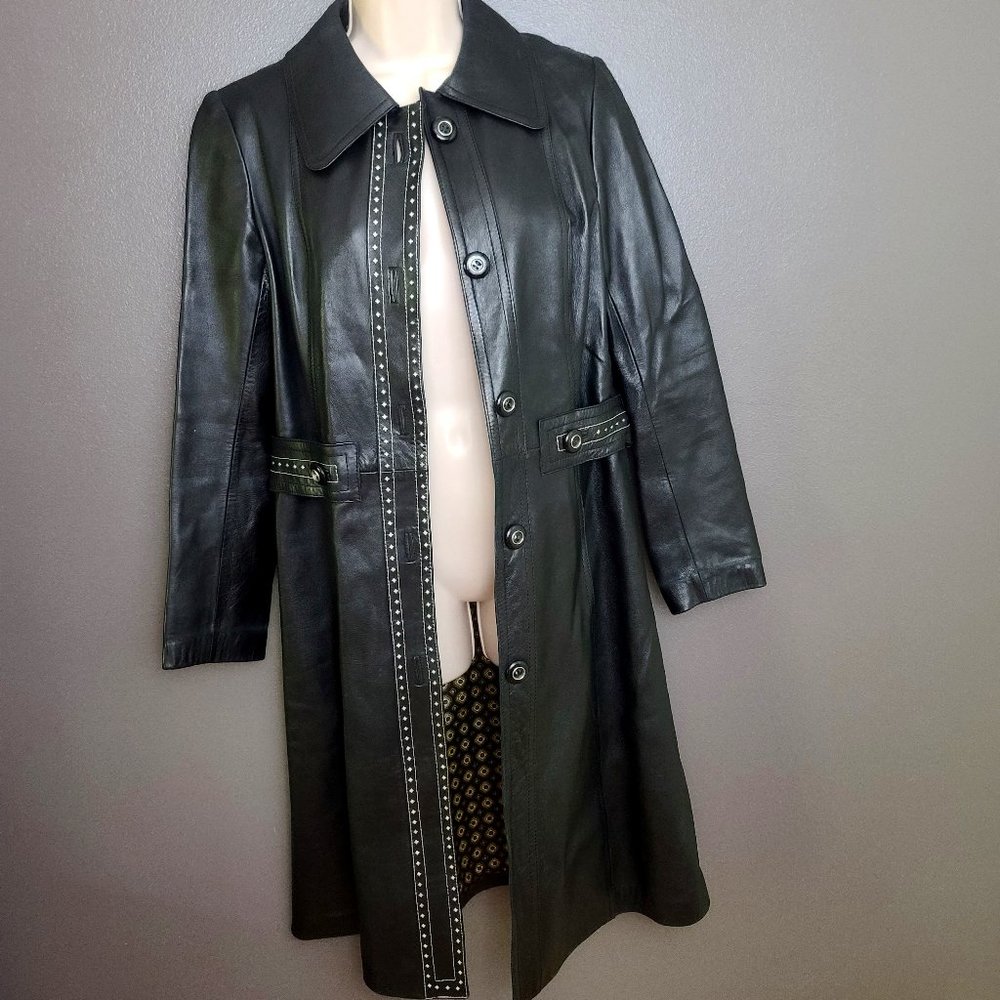 Vintage Leda Spain by Gropper Black 100% Real Leather Trench Coat